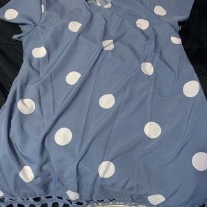 Steele blue polka dot dress with square lace